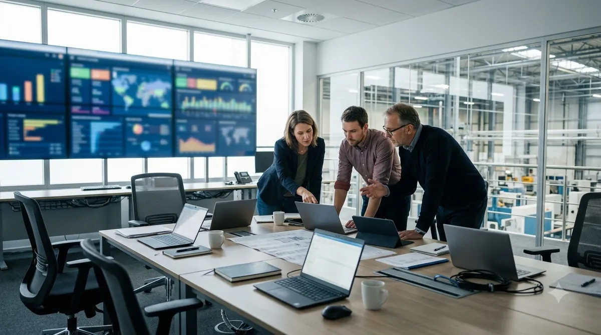 Operations and finance managers reviewing production dashboards together in a factory control room with large wall monitors