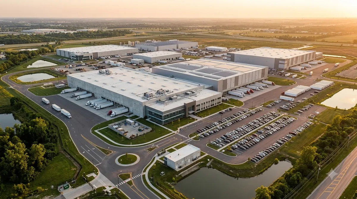 Aerial view of a modern industrial manufacturing campus with several production buildings and loading docks