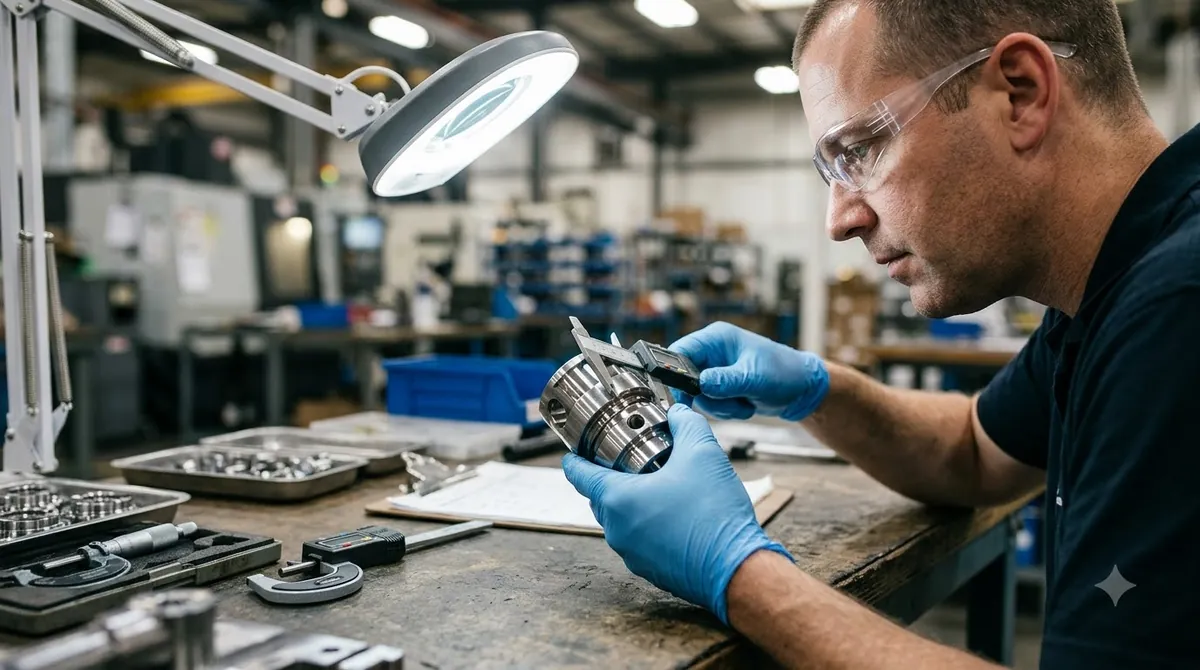 Quality control inspector measuring a precision machined metal component with calipers at an inspection workbench