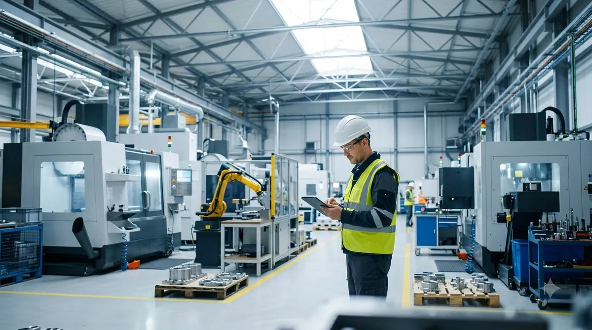 Production manager reviewing a tablet on a modern manufacturing factory floor with CNC machines and a robotic arm