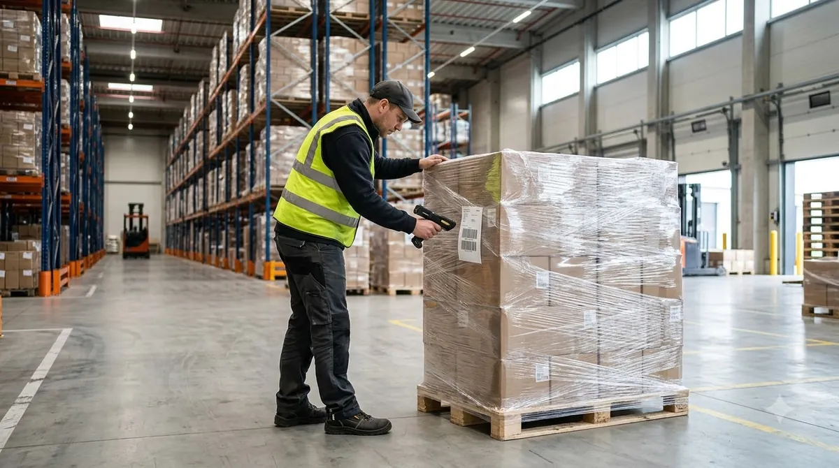 Warehouse worker scanning a barcode label on a wrapped pallet of finished goods in a modern warehouse with tall racking