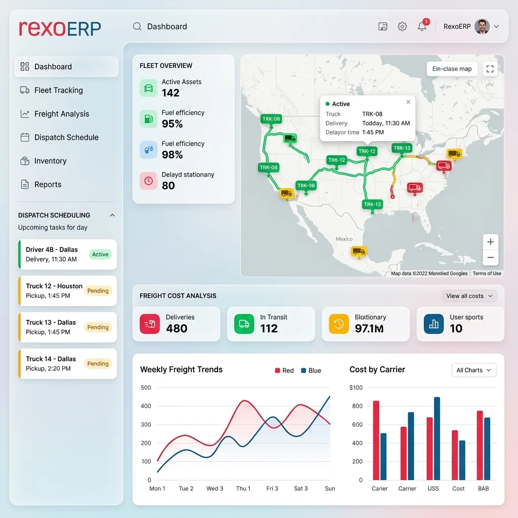 RexoERP Logistics Management Software Dashboard Interface Mockup