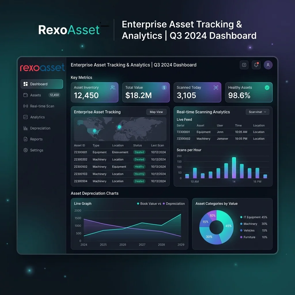 RexoERP Fixed Asset Management and Tracking Dashboard Mockup