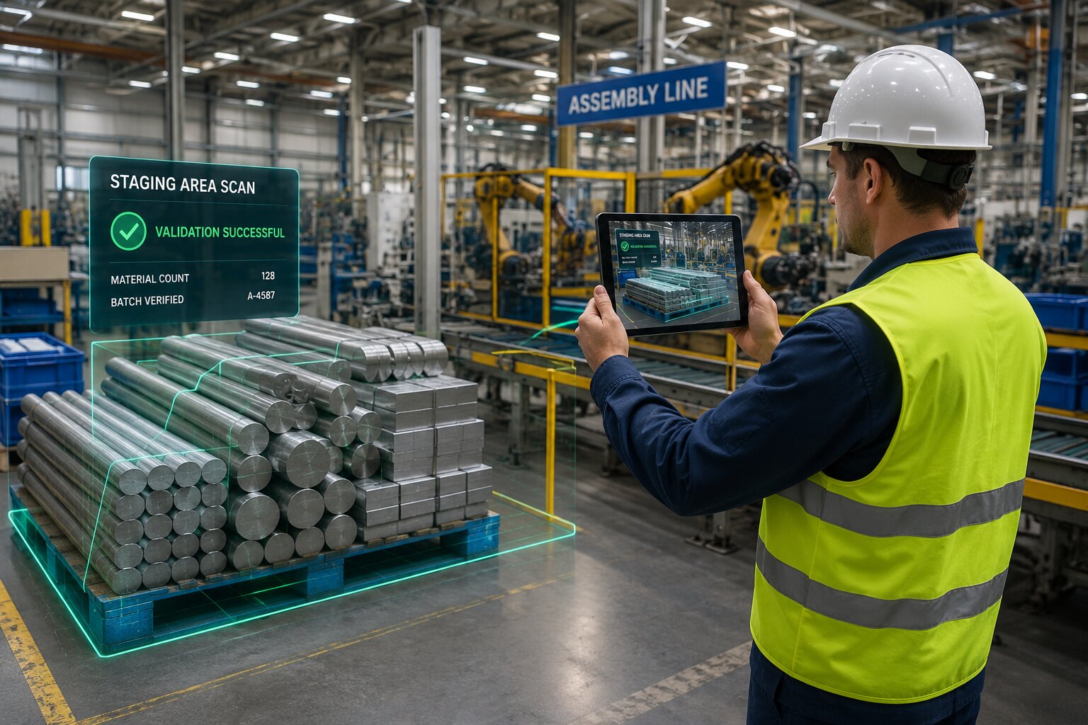 Raw Materials Being Staged Next to the Assembly Line with Real-Time Staging Area Scan Validation