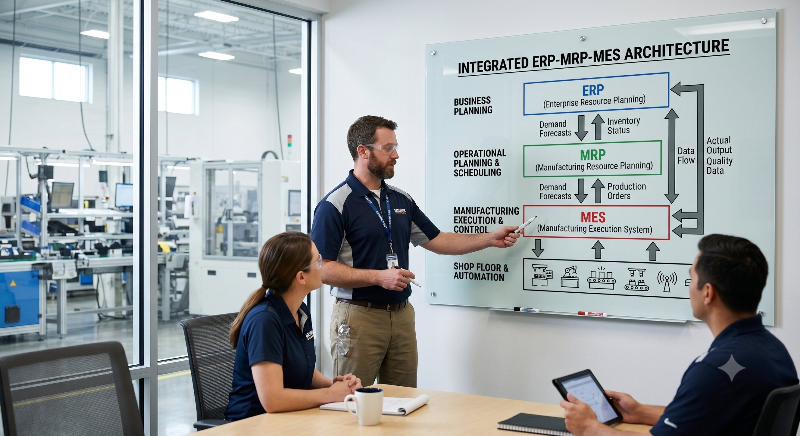 Diagram showing the integration of ERP, MRP, and MES