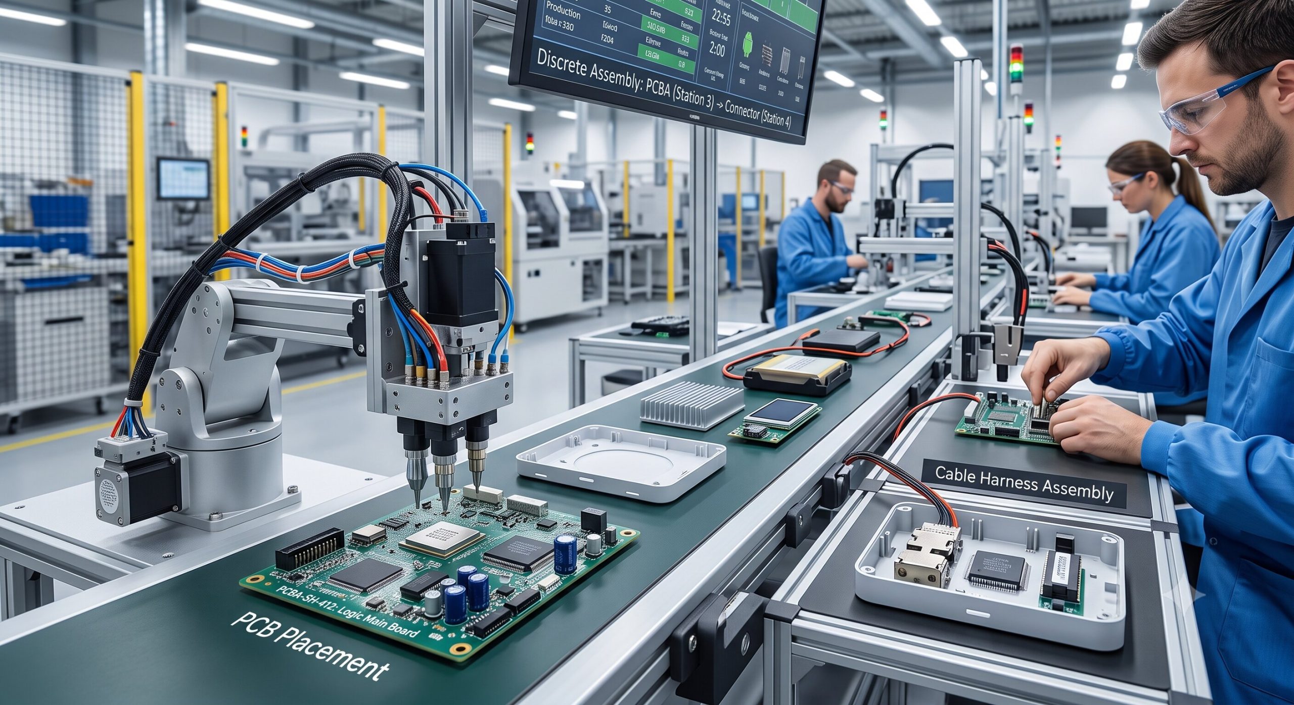 Discrete manufacturing workflow showing assembly of distinct parts